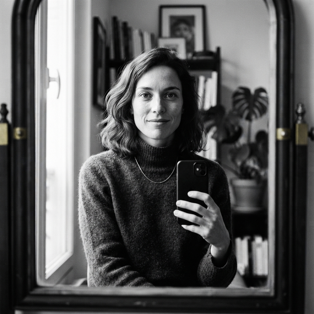 AI Selfies fine-art monochrome AI photo shoot idea created with imageat