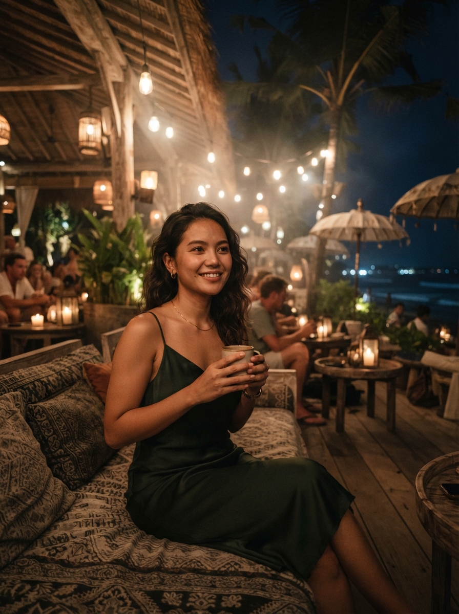 Bali Influencer cinematic night AI photo shoot idea created with imageat