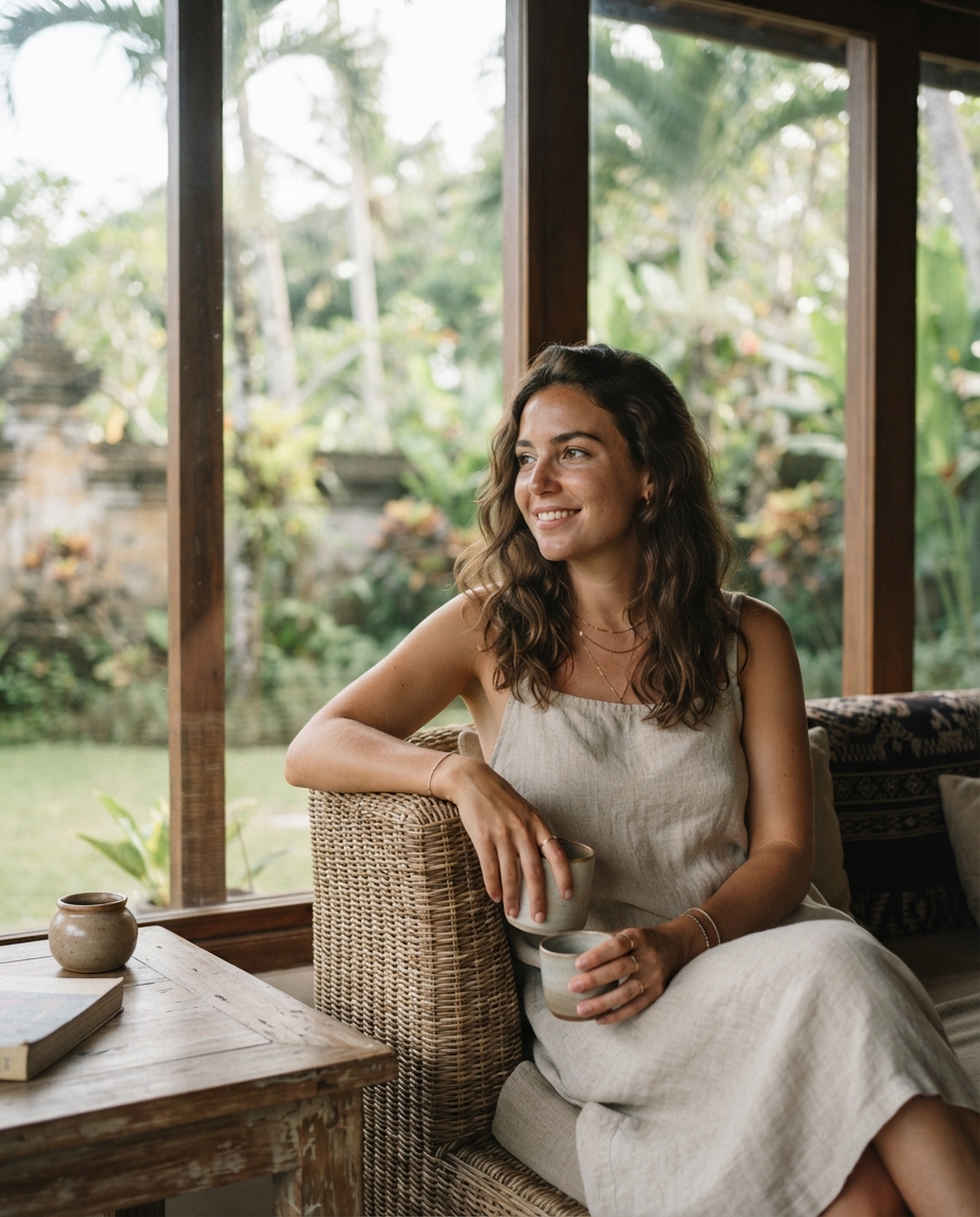 Bali Influencer natural window light AI photo shoot idea created with imageat