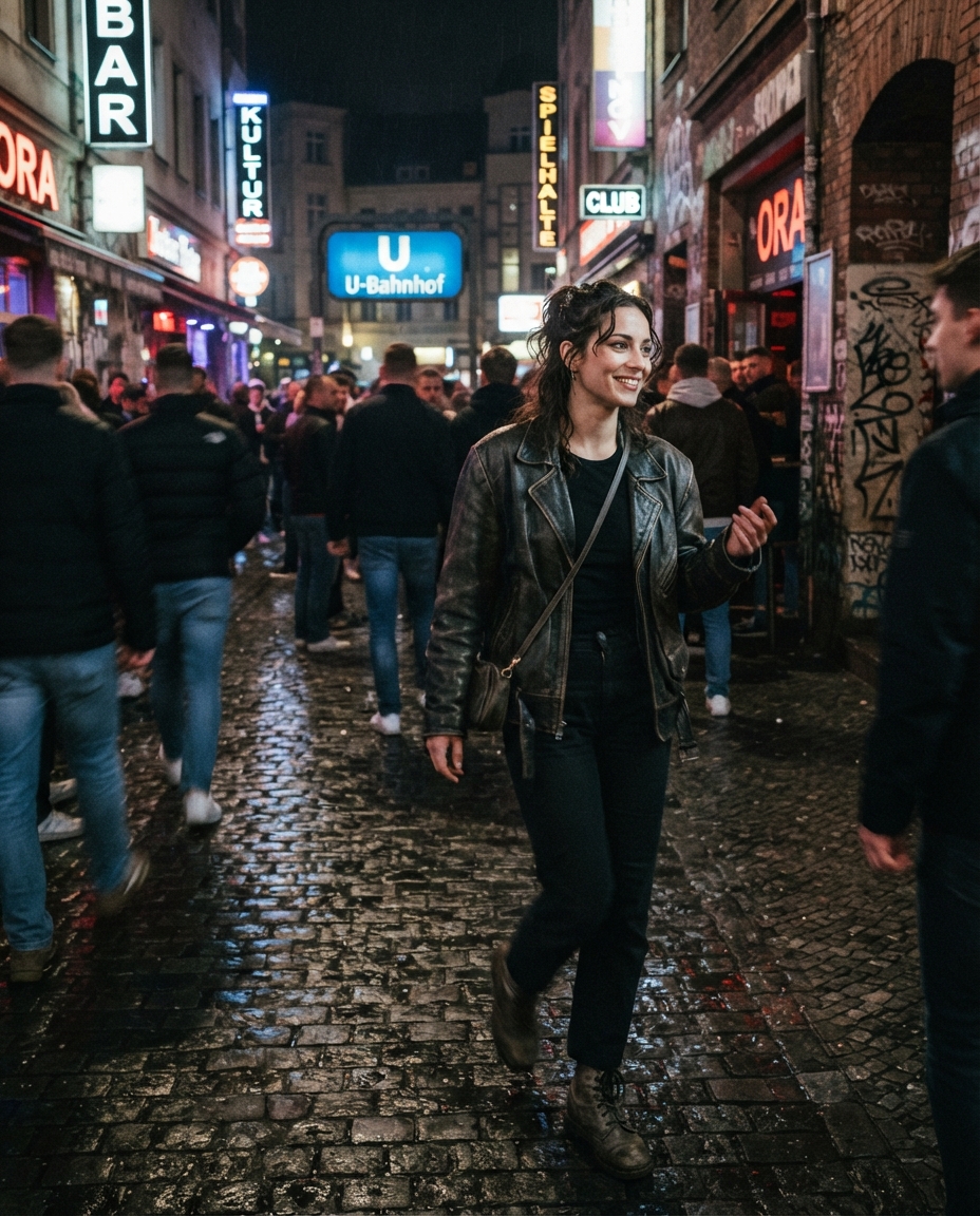 Berlin Nightlife street candid AI photo shoot idea created with imageat