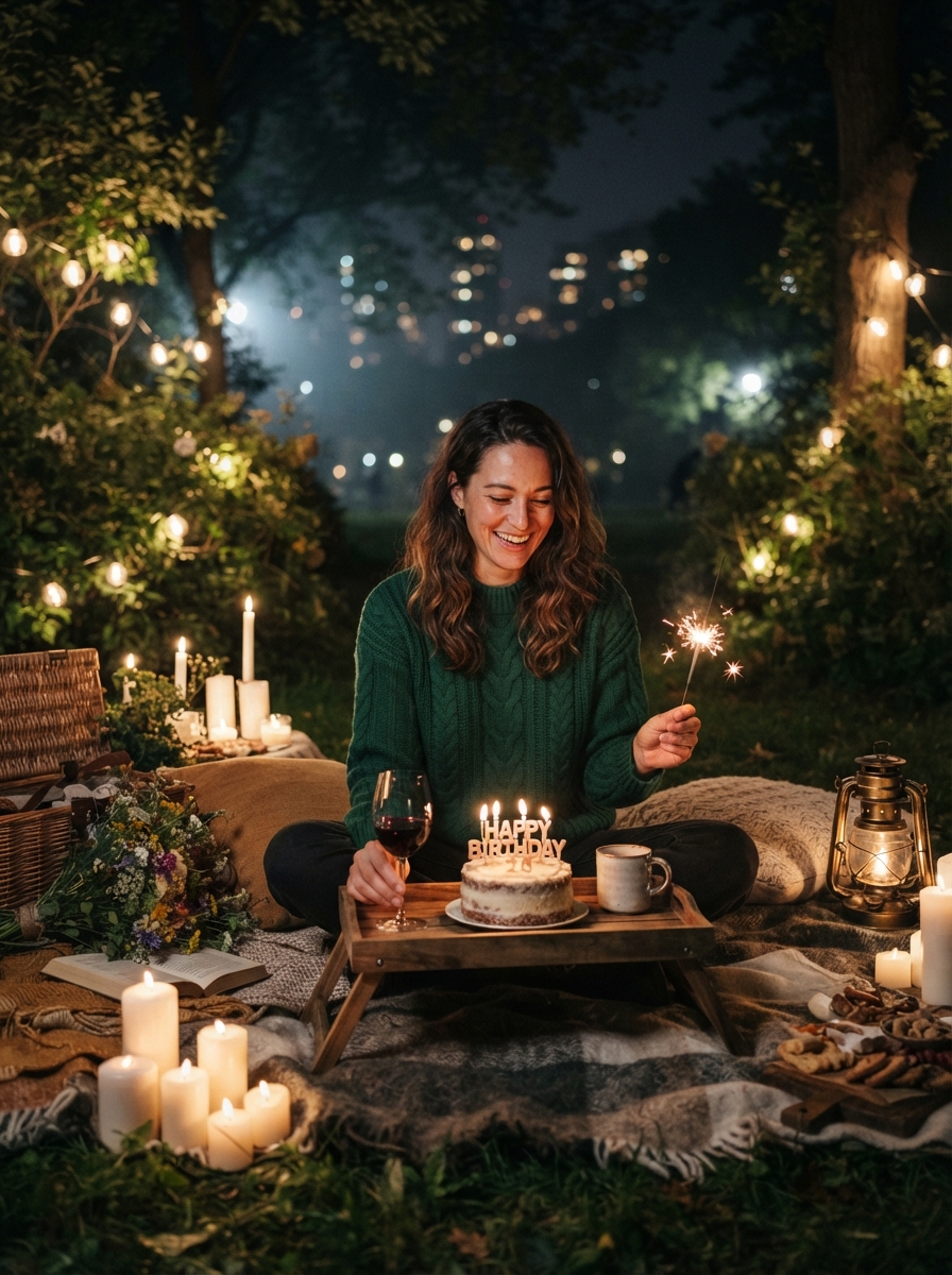 Birthday Picnic cinematic night AI photo shoot idea created with imageat