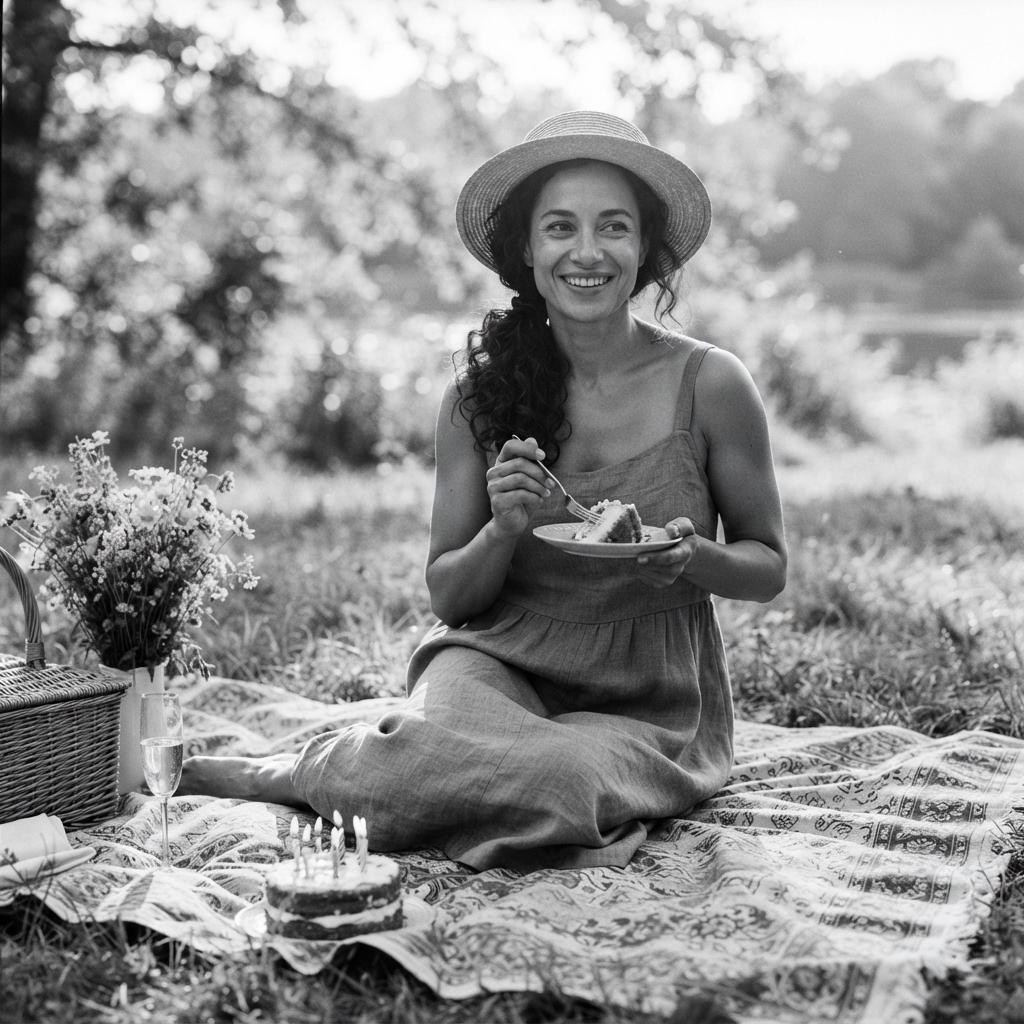 Birthday Picnic fine-art monochrome AI photo shoot idea created with imageat
