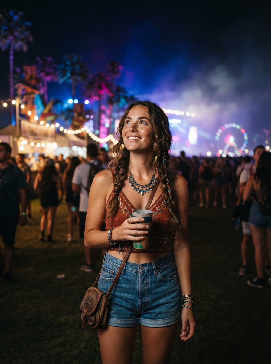 Coachella cinematic night AI photo shoot idea created with imageat