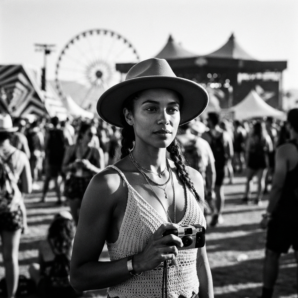 Coachella fine-art monochrome AI photo shoot idea created with imageat