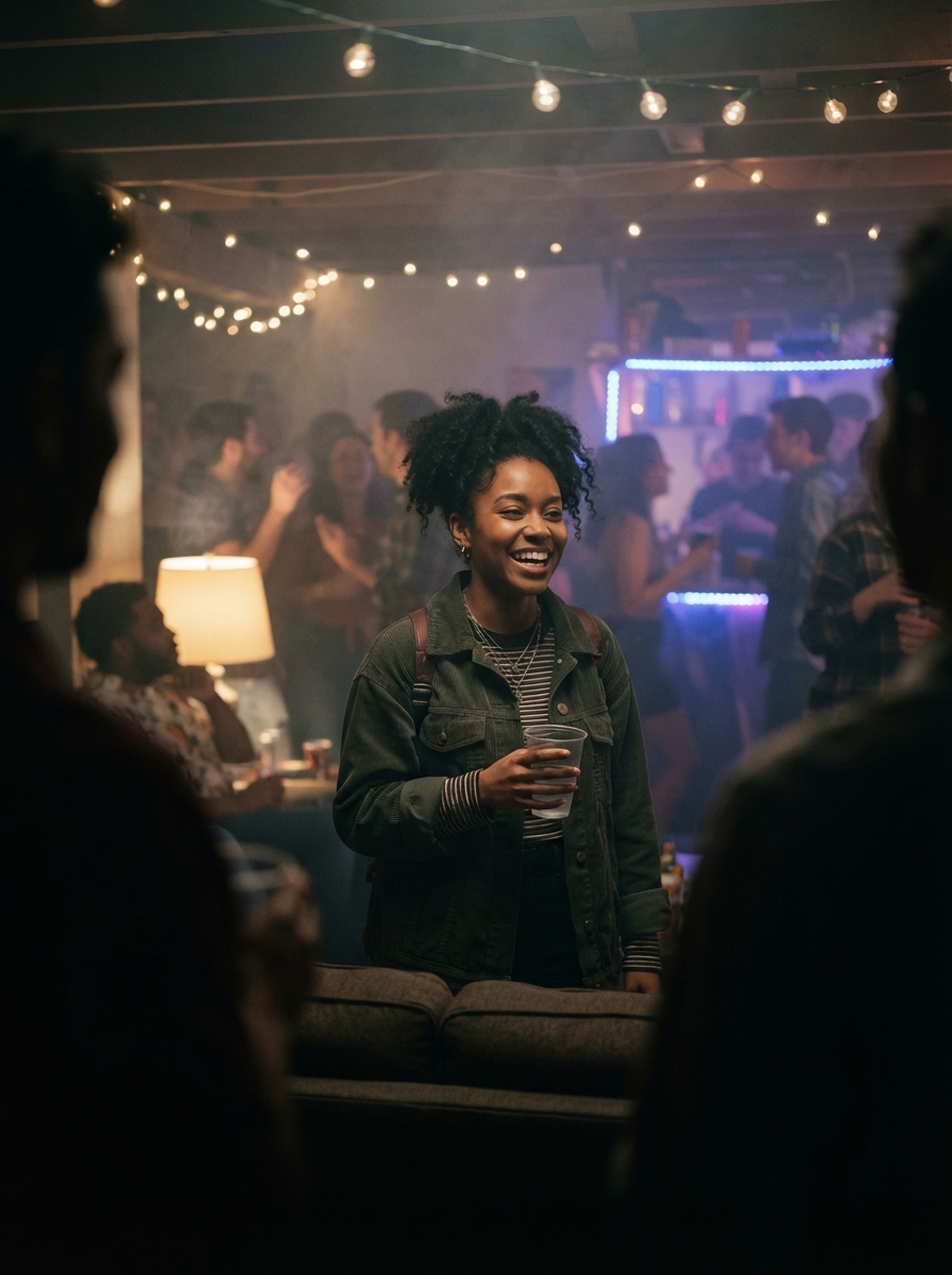 College Party cinematic night AI photo shoot idea created with imageat