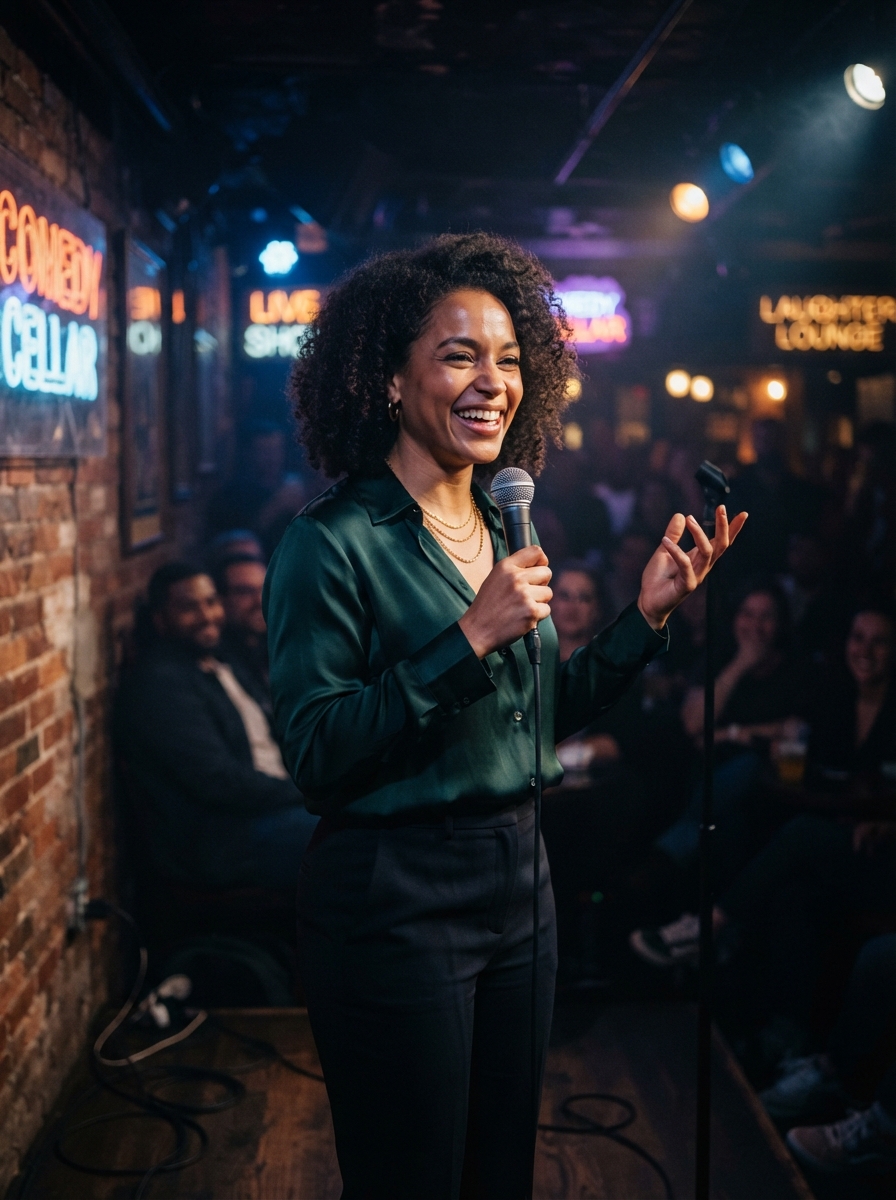 Comedian Headshots cinematic night AI photo shoot idea created with imageat
