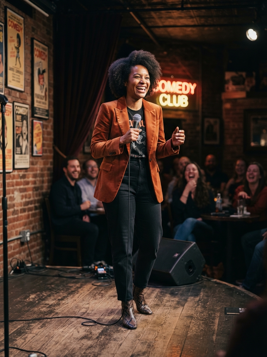 Comedian Headshots full-body story AI photo shoot idea created with imageat