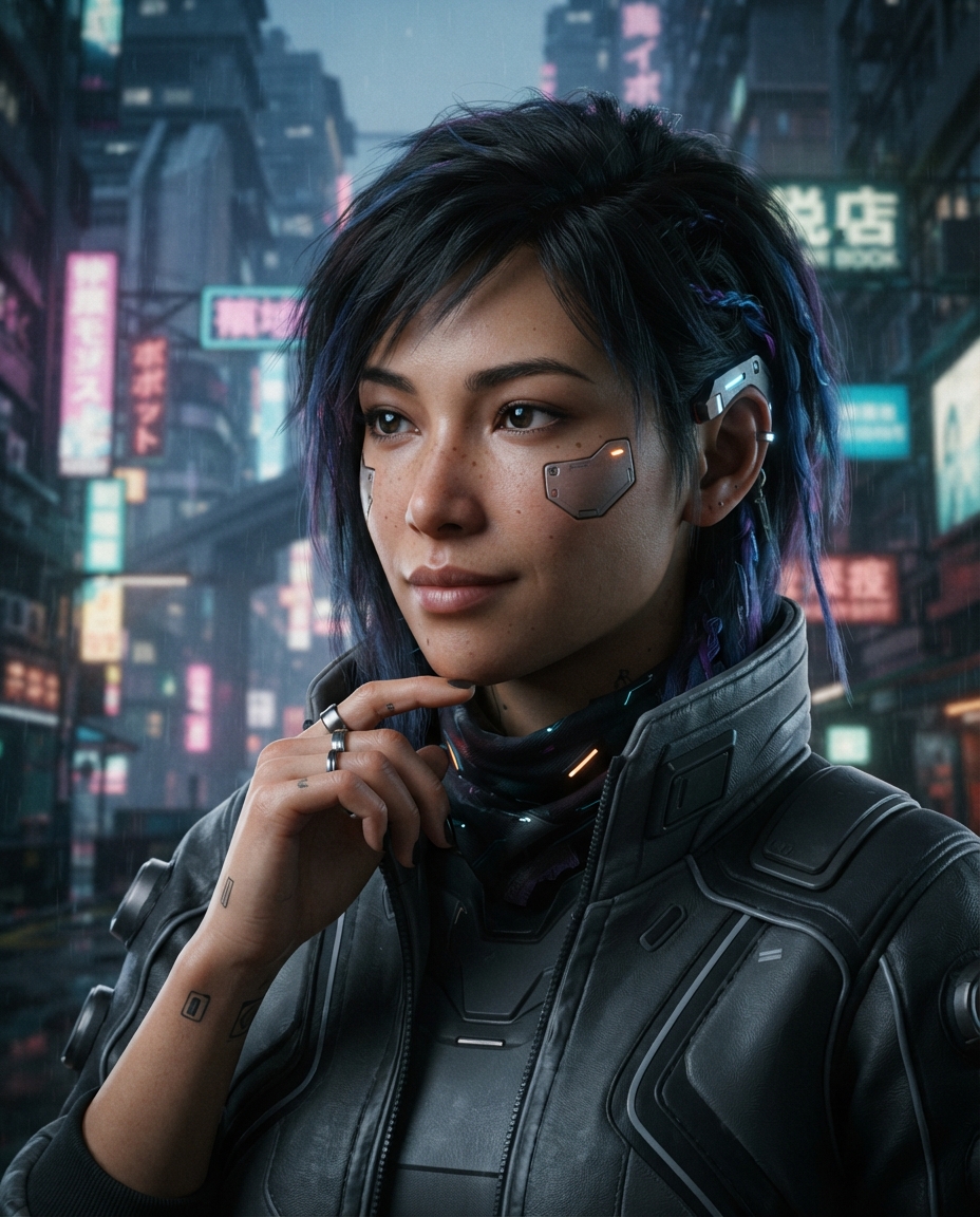 Cyberpunk cinematic close-up AI photo shoot idea created with imageat