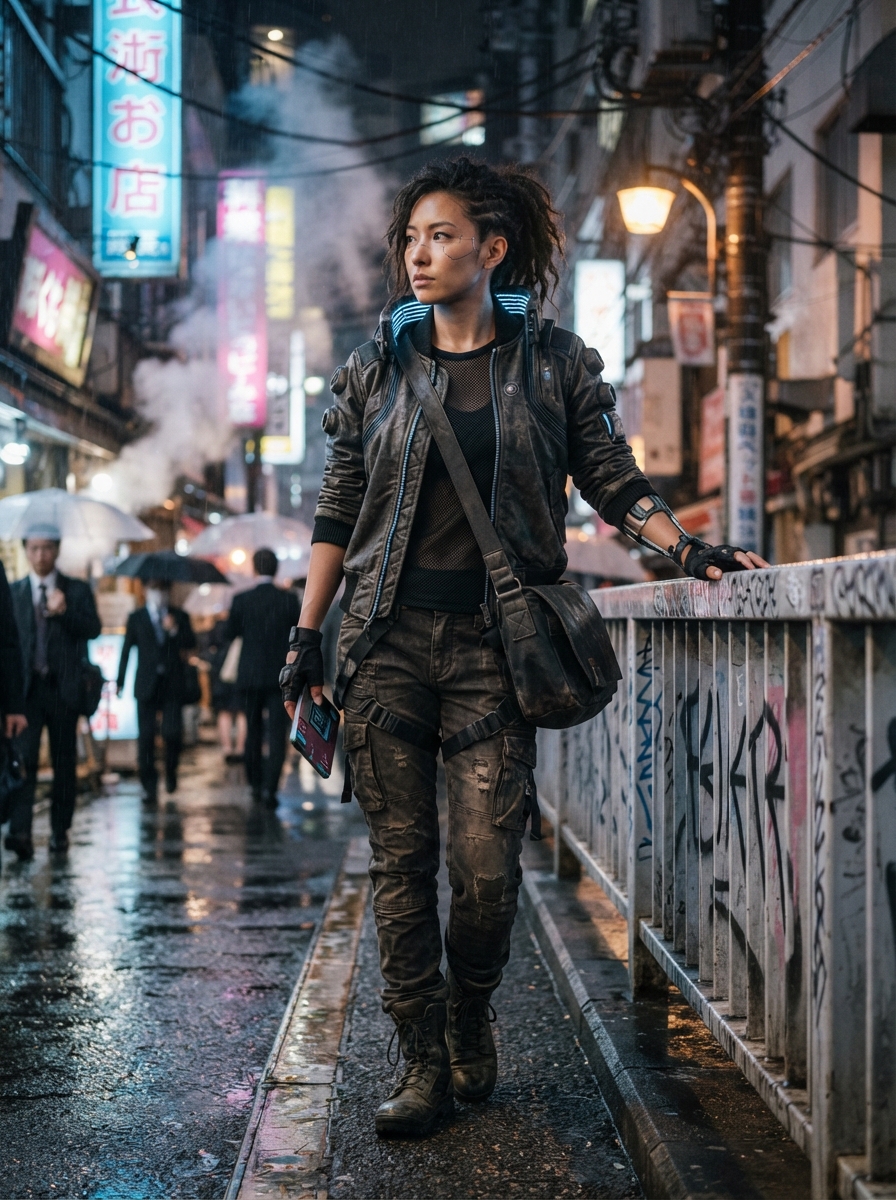 Cyberpunk full-body story AI photo shoot idea created with imageat
