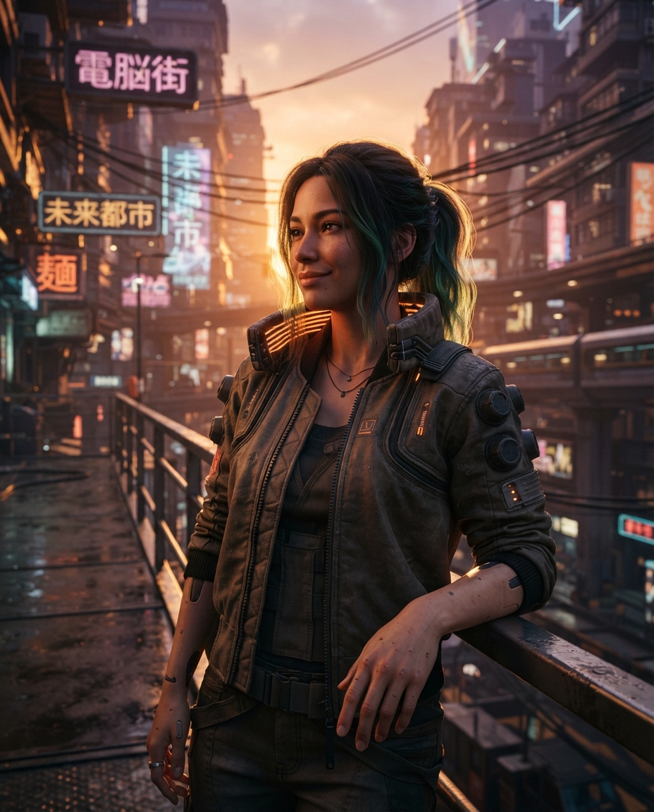 Cyberpunk golden hour AI photo shoot idea created with imageat