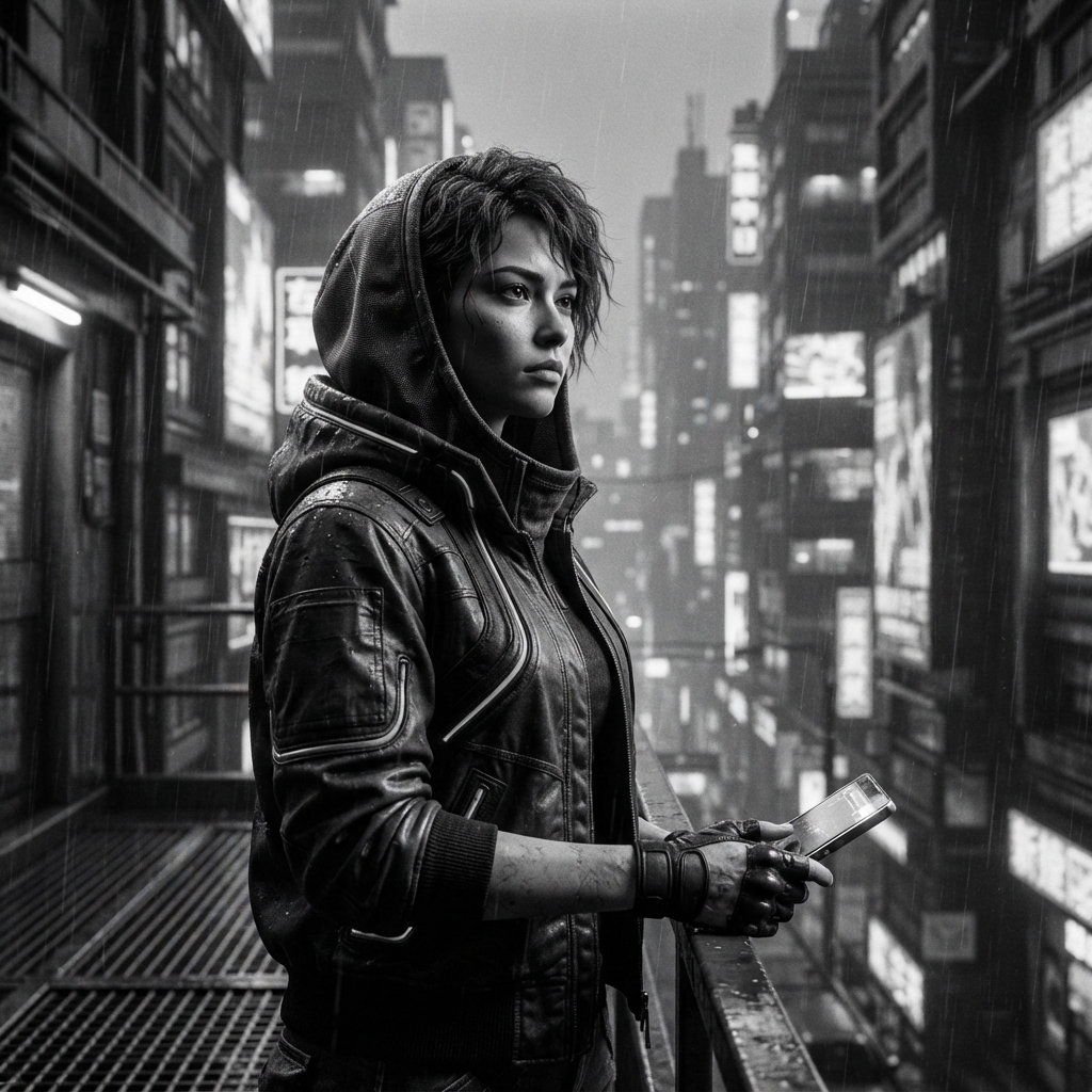 Cyberpunk fine-art monochrome AI photo shoot idea created with imageat