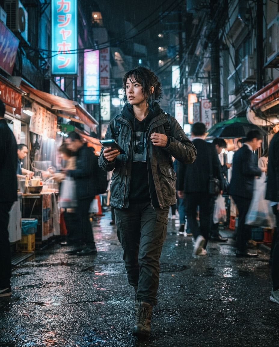 Cyberpunk street candid AI photo shoot idea created with imageat