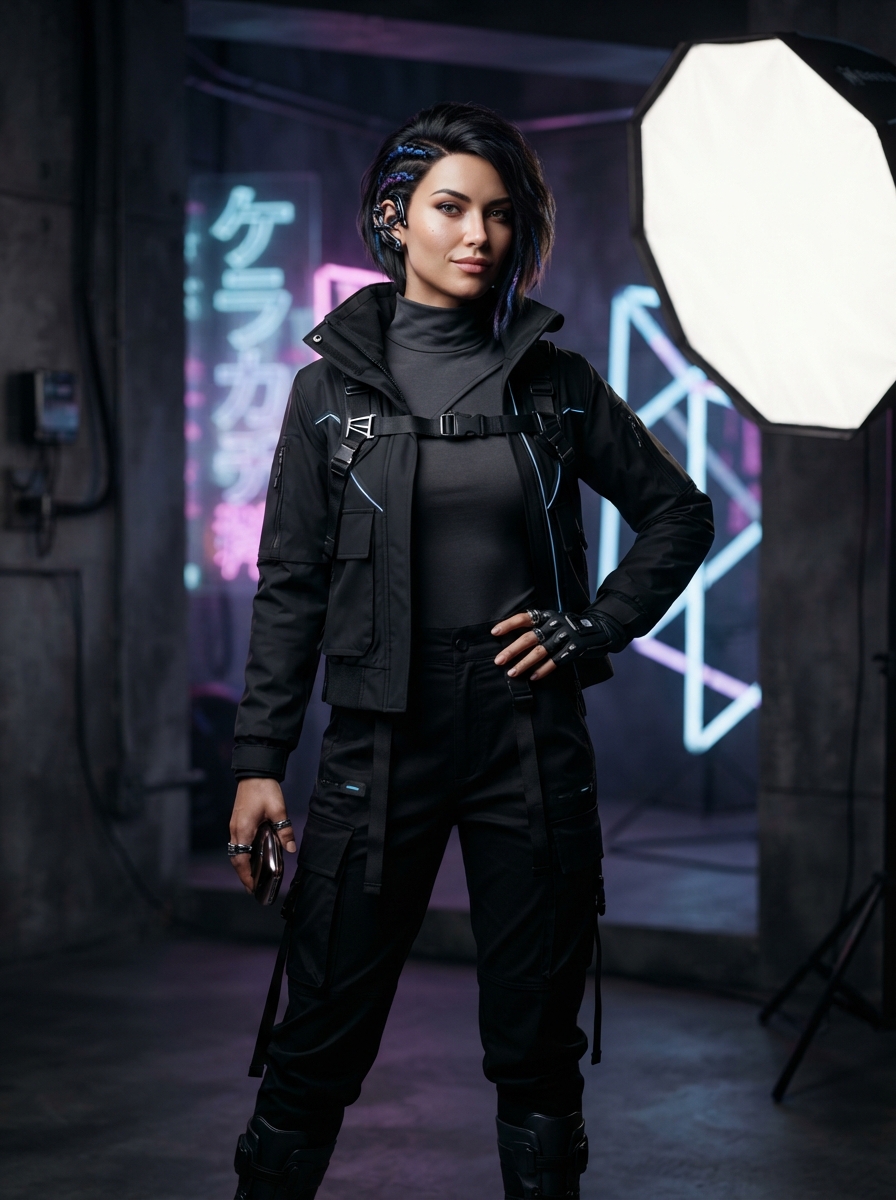 Cyberpunk studio editorial AI photo shoot idea created with imageat