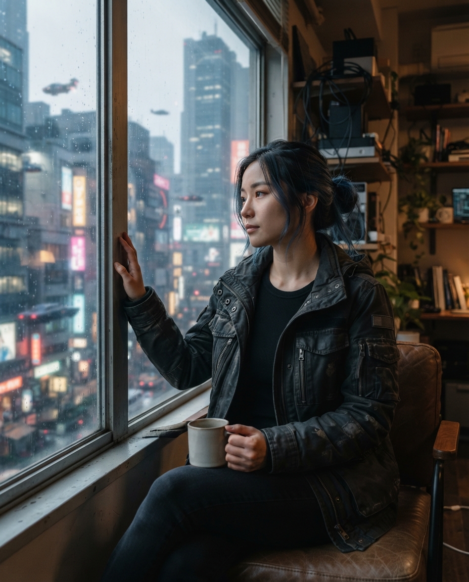 Cyberpunk natural window light AI photo shoot idea created with imageat