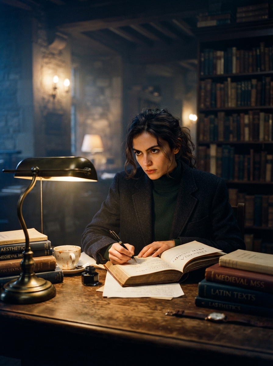 Dark Academia cinematic night AI photo shoot idea created with imageat