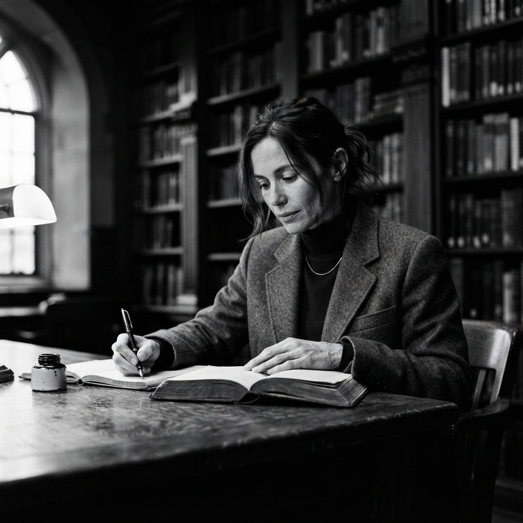 Dark Academia fine-art monochrome AI photo shoot idea created with imageat