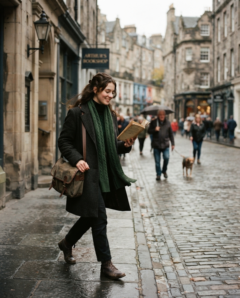 Dark Academia street candid AI photo shoot idea created with imageat