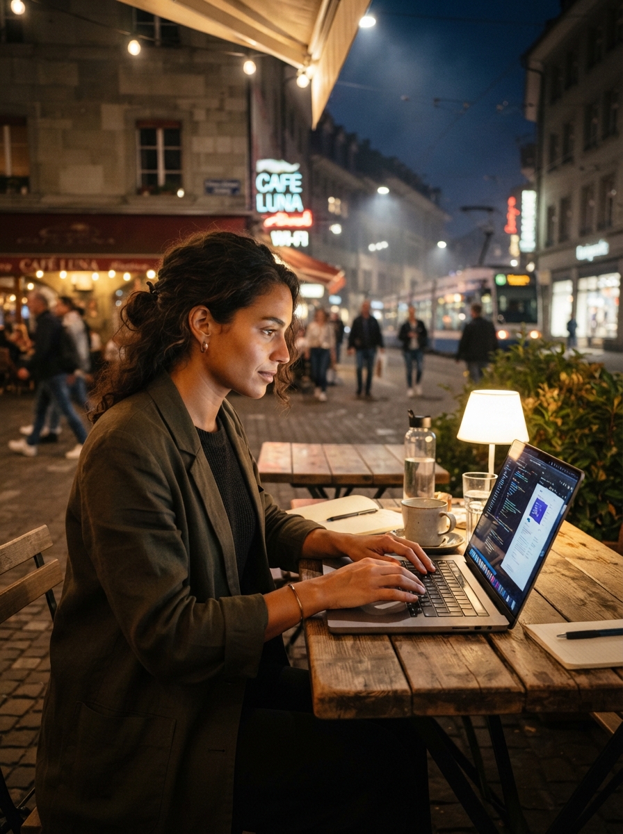 Digital Nomad cinematic night AI photo shoot idea created with imageat