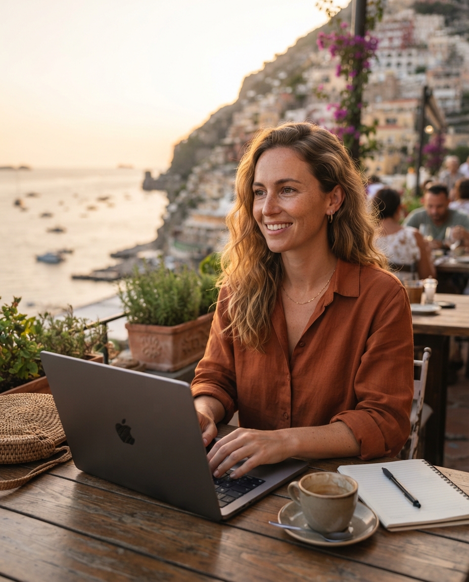 Digital Nomad golden hour AI photo shoot idea created with imageat
