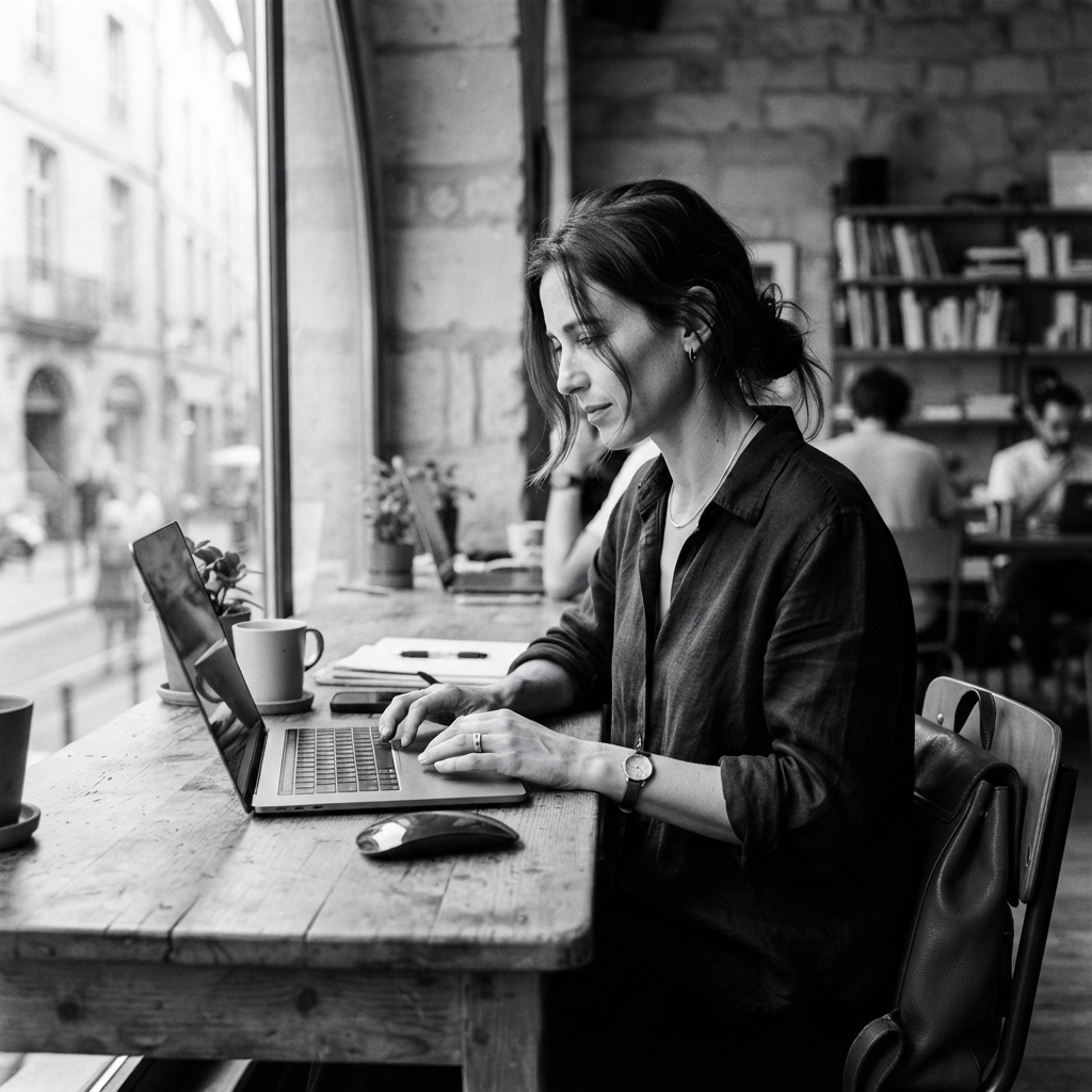 Digital Nomad fine-art monochrome AI photo shoot idea created with imageat