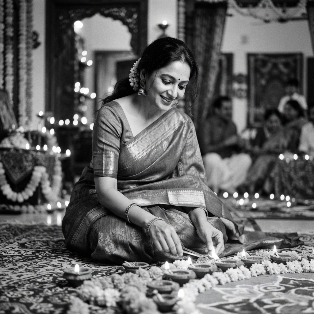 Diwali fine-art monochrome AI photo shoot idea created with imageat