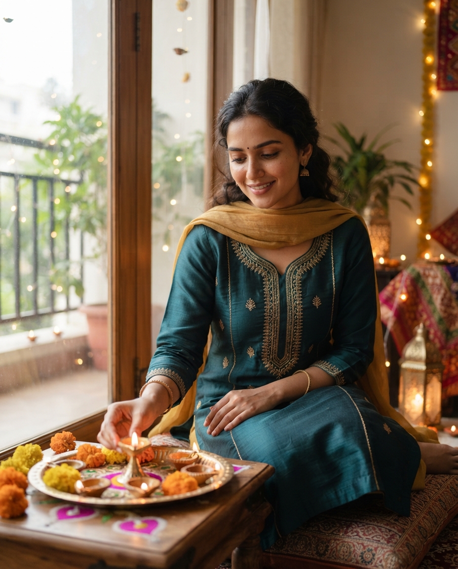 Diwali natural window light AI photo shoot idea created with imageat