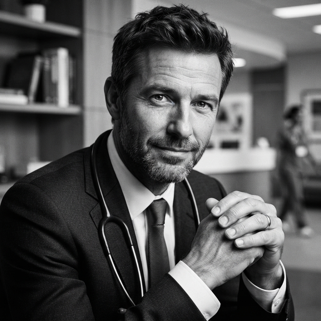 Doctor Headshots fine-art monochrome AI photo shoot idea created with imageat