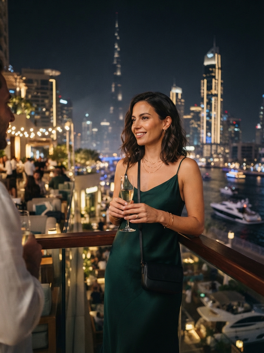Dubai Influencer cinematic night AI photo shoot idea created with imageat
