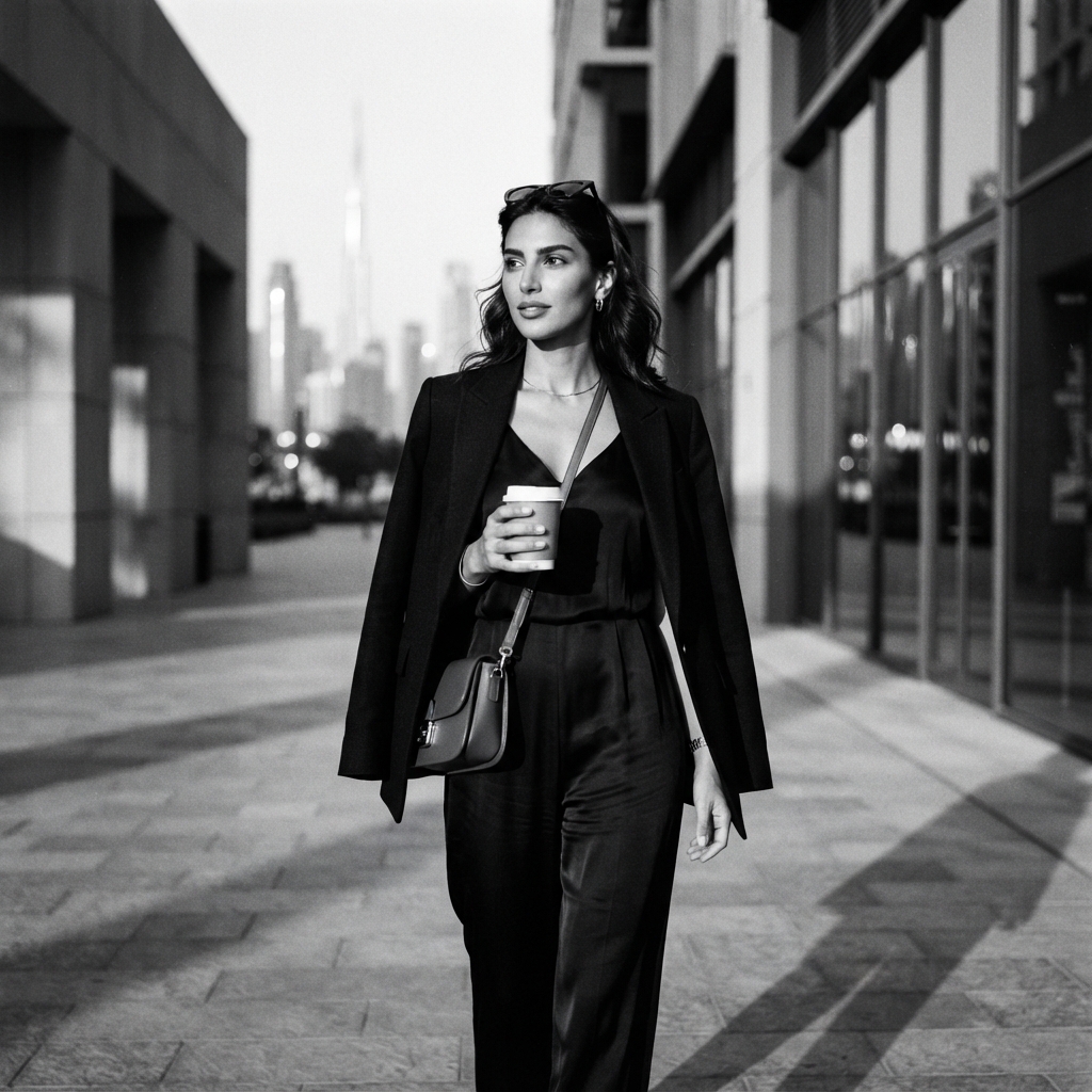 Dubai Influencer fine-art monochrome AI photo shoot idea created with imageat