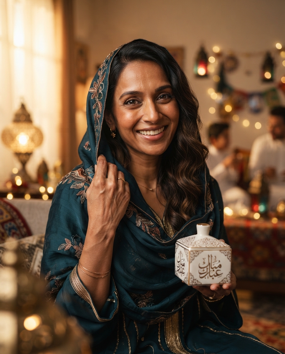 Eid Mubarak cinematic close-up AI photo shoot idea created with imageat