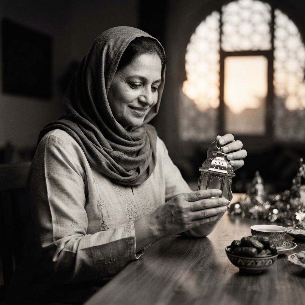 Eid Mubarak fine-art monochrome AI photo shoot idea created with imageat