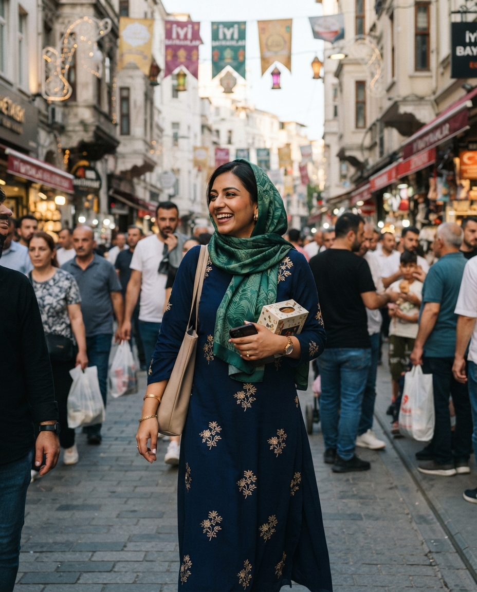Eid Mubarak street candid AI photo shoot idea created with imageat