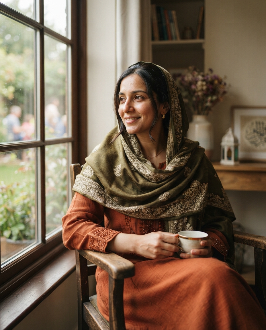 Eid Mubarak natural window light AI photo shoot idea created with imageat