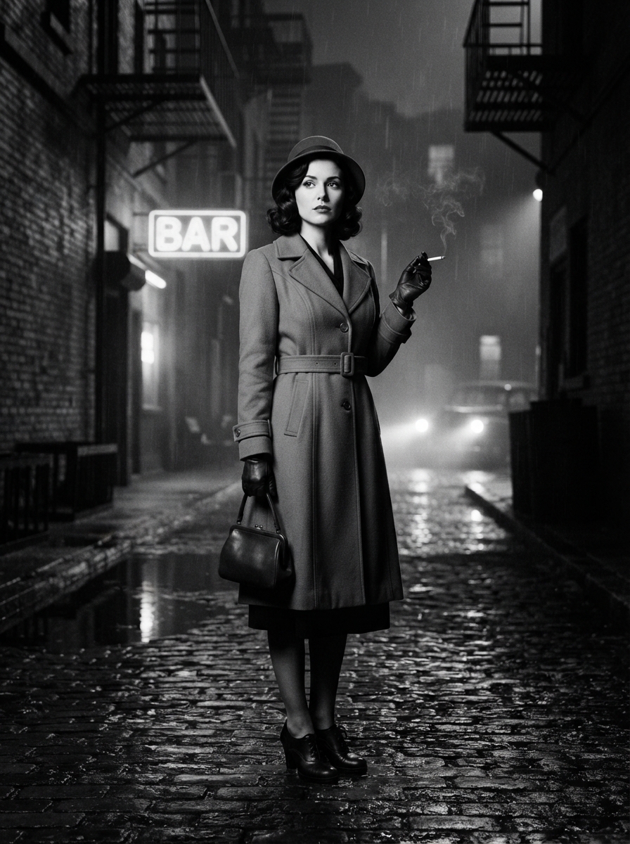 Film Noir full-body story AI photo shoot idea created with imageat
