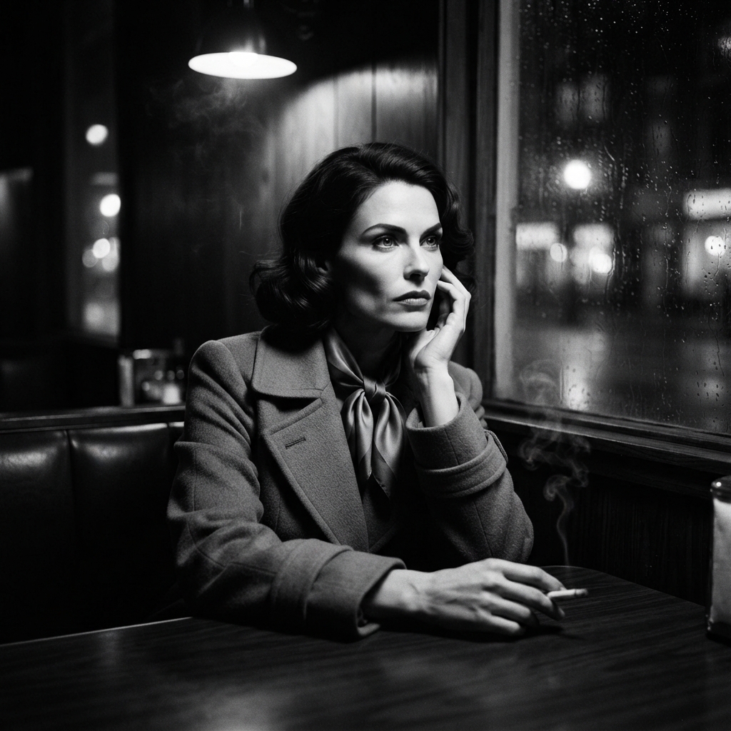 Film Noir fine-art monochrome AI photo shoot idea created with imageat