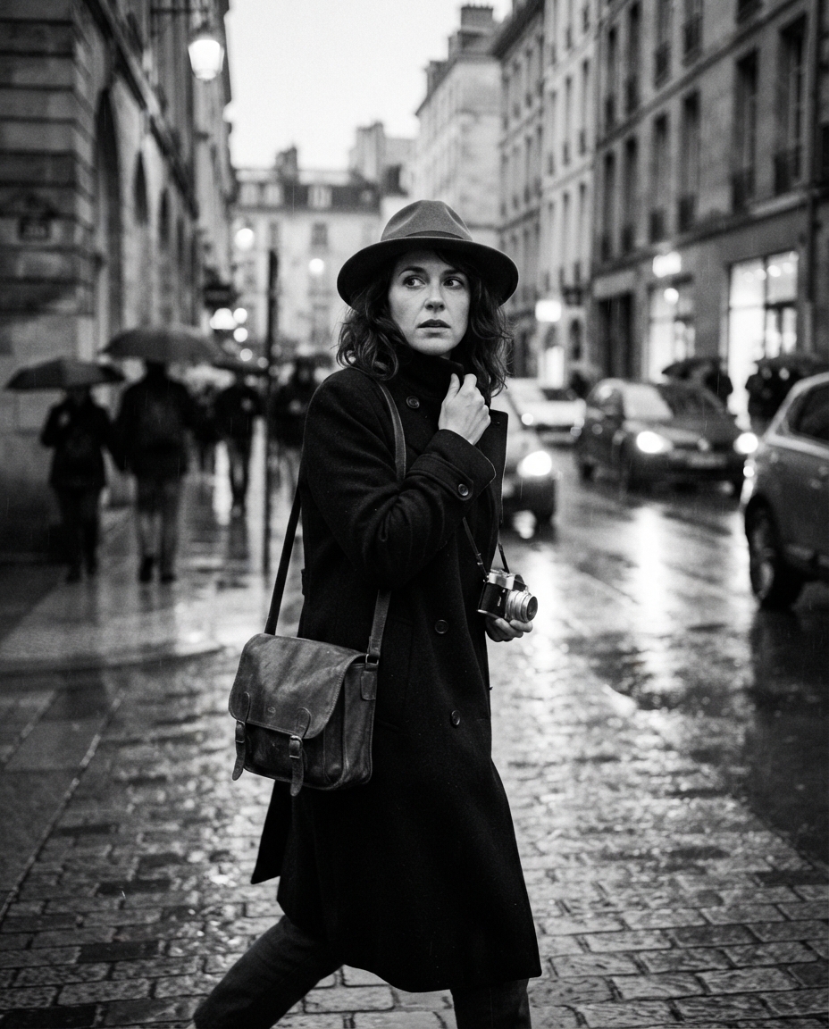 Film Noir street candid AI photo shoot idea created with imageat