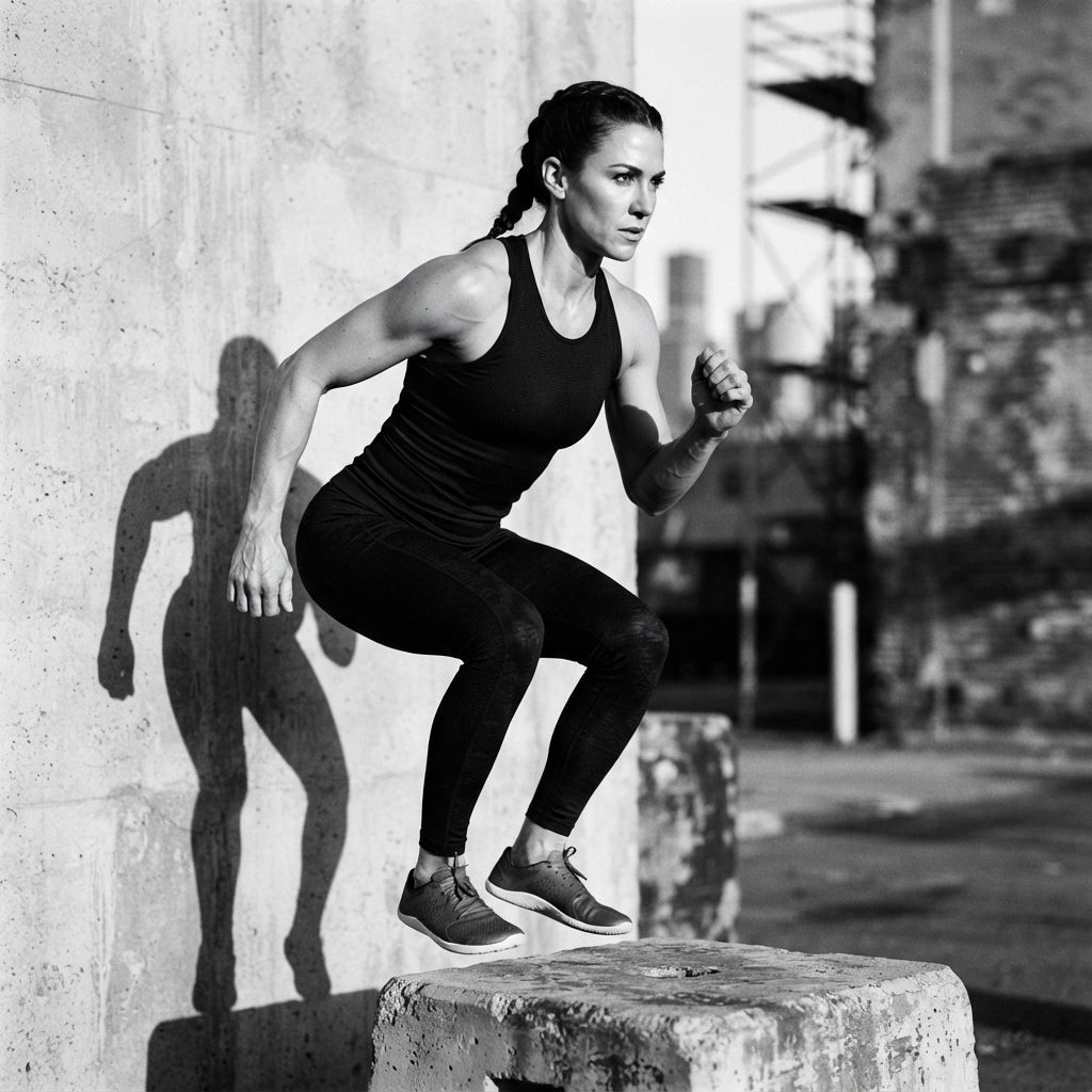 Fitness Influencer fine-art monochrome AI photo shoot idea created with imageat