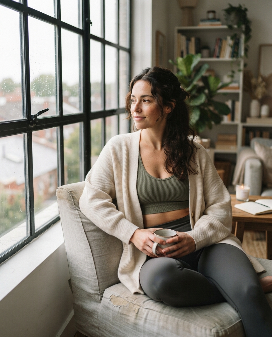 Fitness Influencer natural window light AI photo shoot idea created with imageat