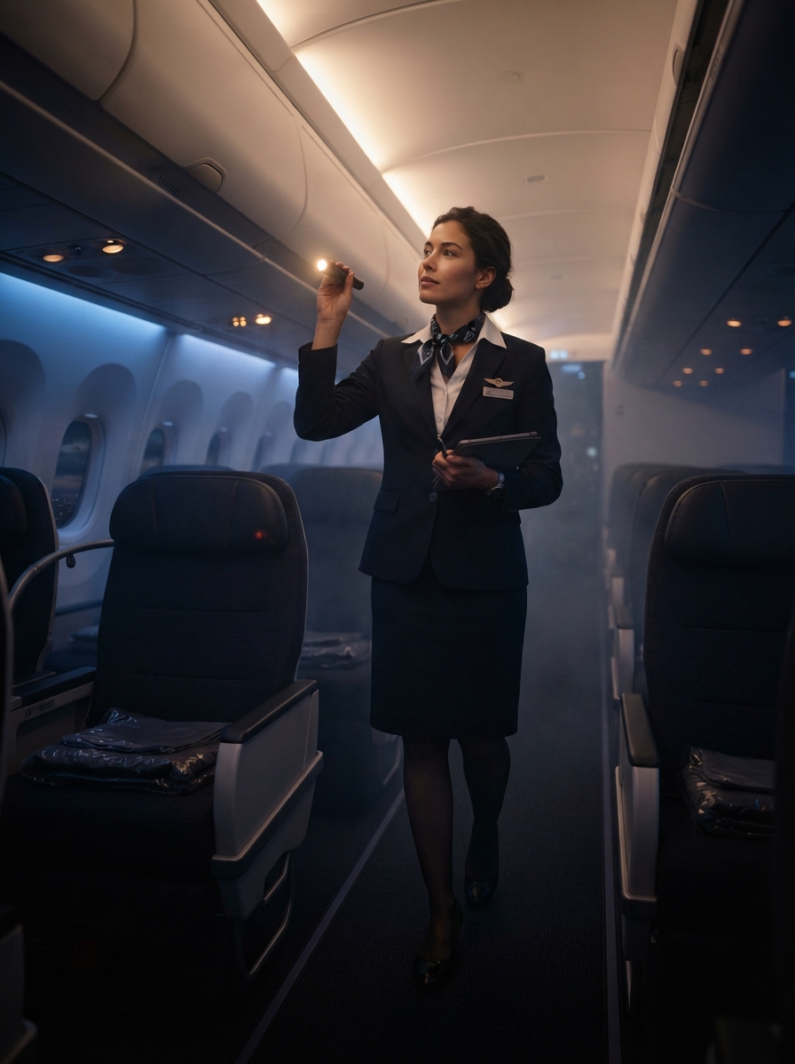 Flight Attendant cinematic night AI photo shoot idea created with imageat
