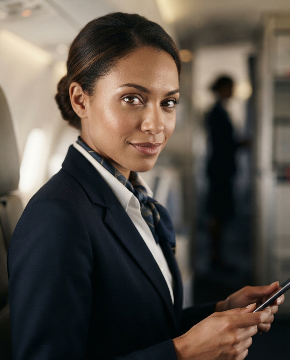 Flight Attendant cinematic close-up AI photo shoot idea created with imageat