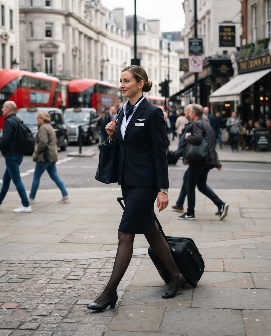 Flight Attendant street candid AI photo shoot idea created with imageat