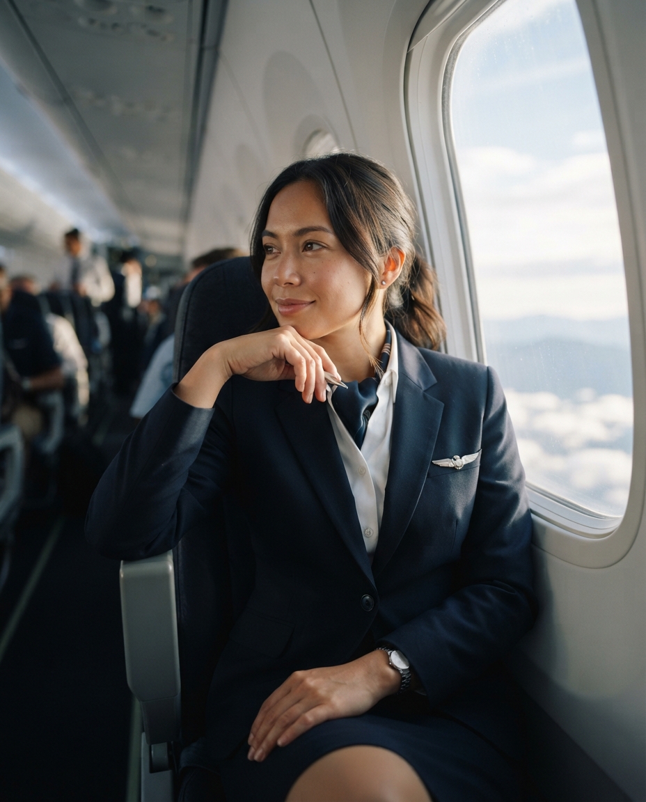 Flight Attendant natural window light AI photo shoot idea created with imageat