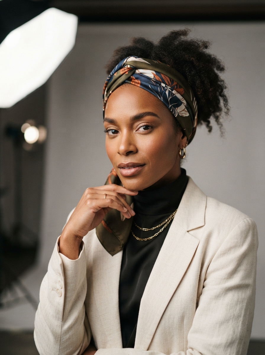 Hair Scarves studio editorial AI photo shoot idea created with imageat