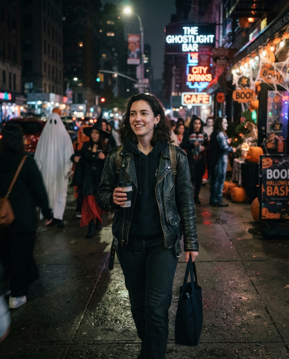 Halloween street candid AI photo shoot idea created with imageat