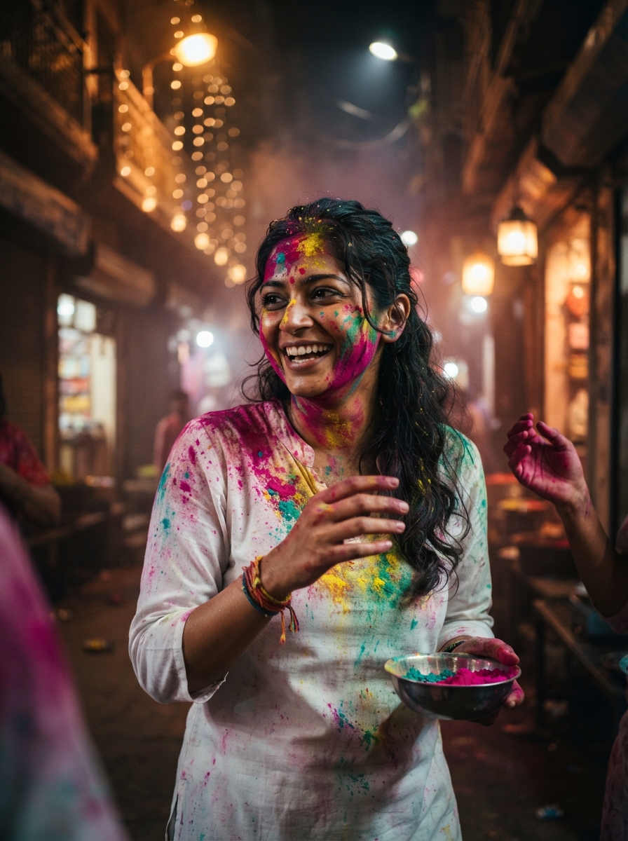 Holi cinematic night AI photo shoot idea created with imageat
