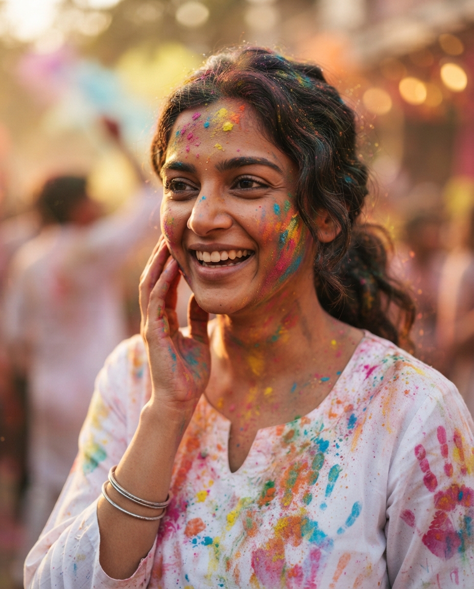 Holi cinematic close-up AI photo shoot idea created with imageat