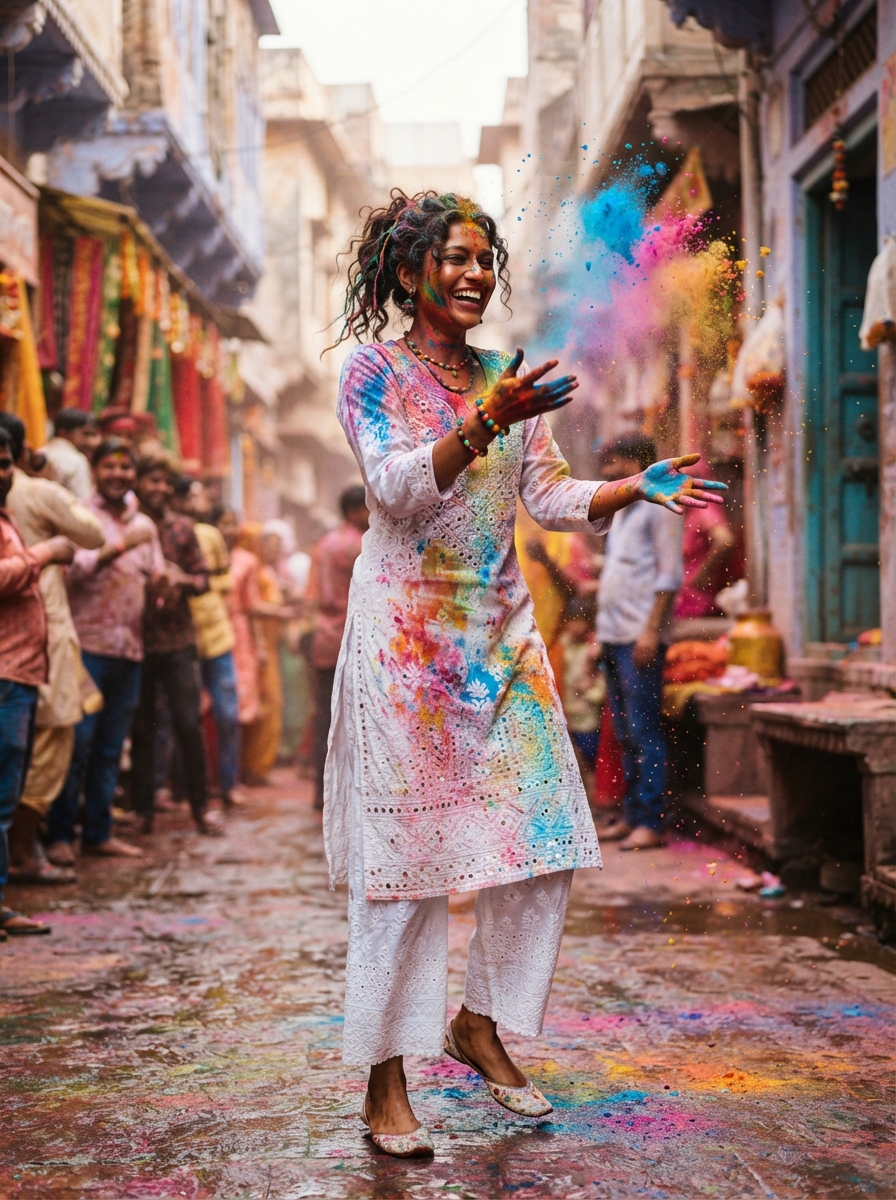 Holi full-body story AI photo shoot idea created with imageat
