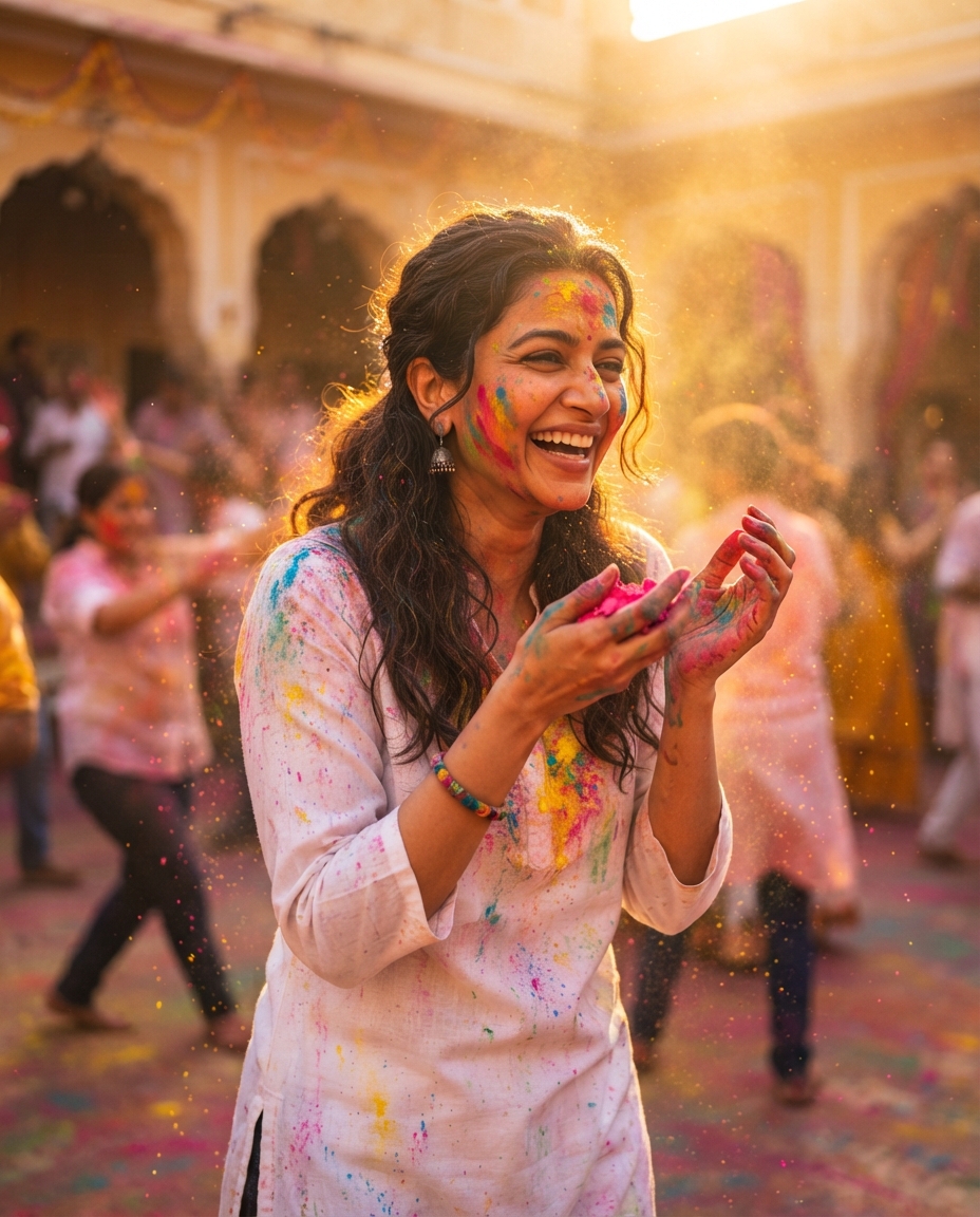 Holi golden hour AI photo shoot idea created with imageat
