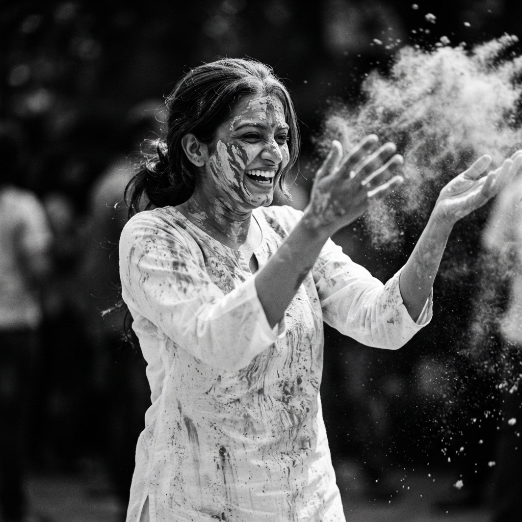 Holi fine-art monochrome AI photo shoot idea created with imageat