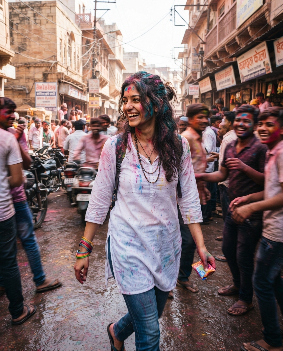 Holi street candid AI photo shoot idea created with imageat
